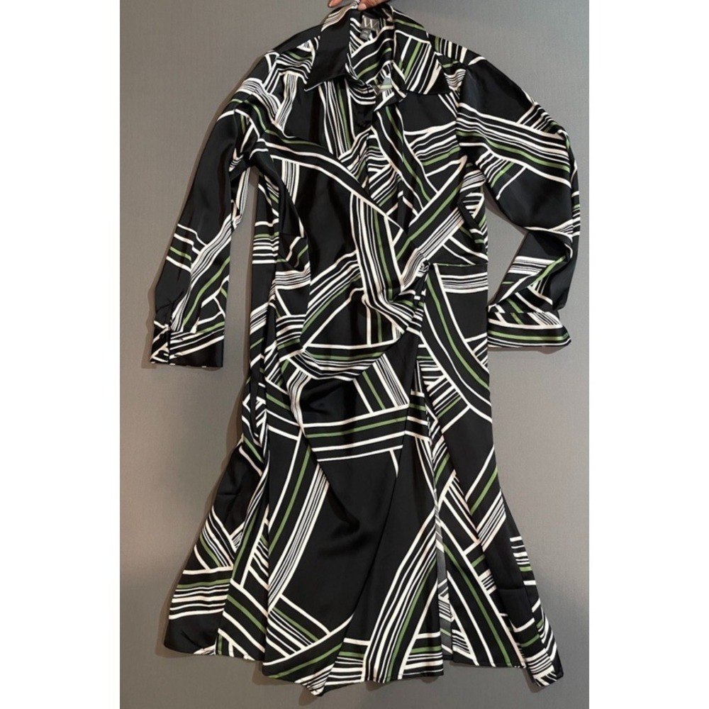 NWT Worthington long-sleeve geo-linear midi wrap dress,‎ black/white/green szPXL
